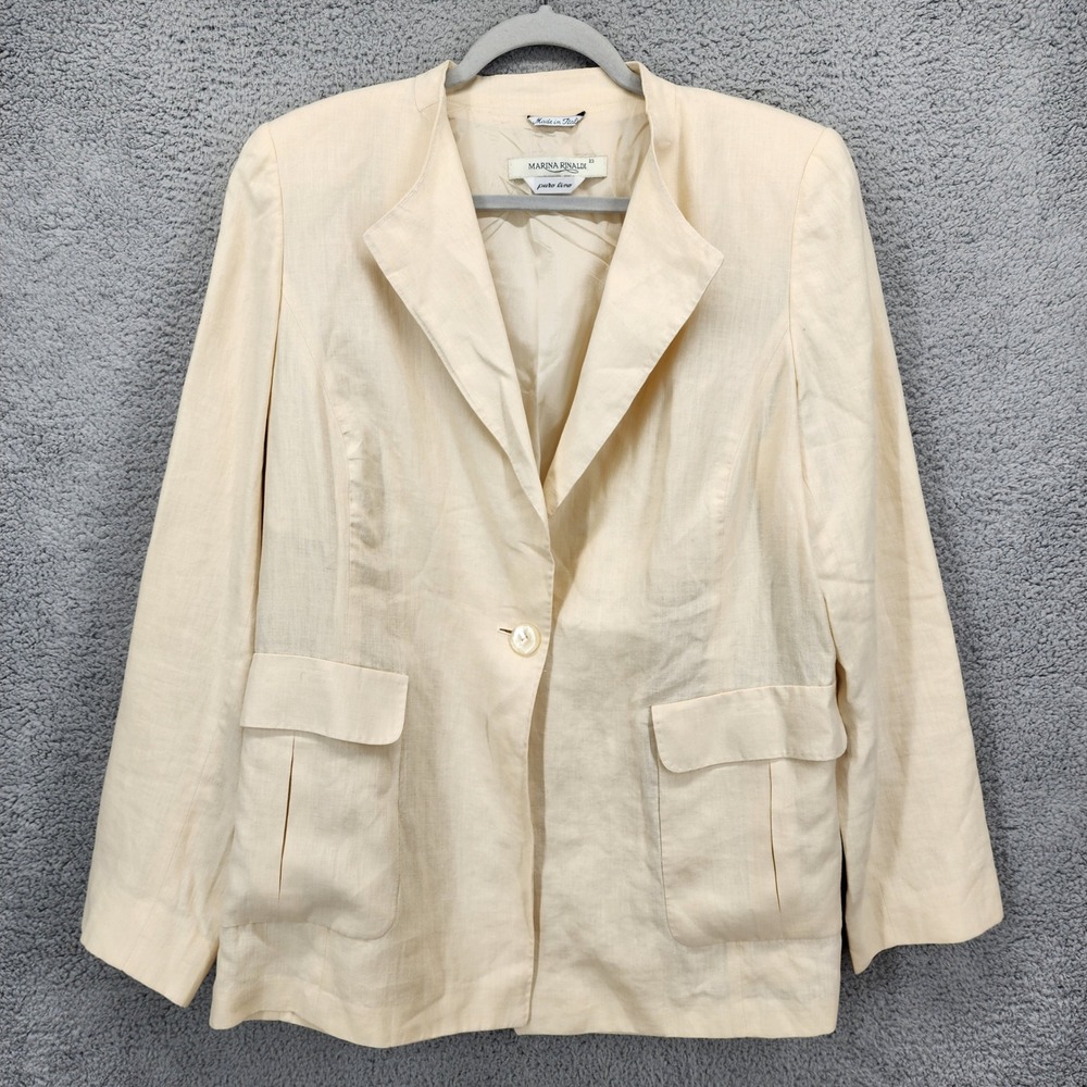 Marina Rinaldi Womens XL Cream Pure Linen Single Button Blazer Jacket Made Italy